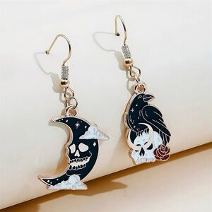 New Romantic Gothic Moon Skull & Raven Halloween Charm Gold Tone Dangle Earrings
